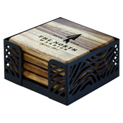 4 Piece Acacia Wood Square Coaster Set With Black Metal Stand