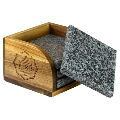 4 Piece Granite Coaster Set With Acacia Wood Stand