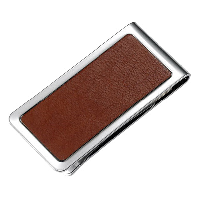 Genuine Leather Silver Stainless Steel Money Clip